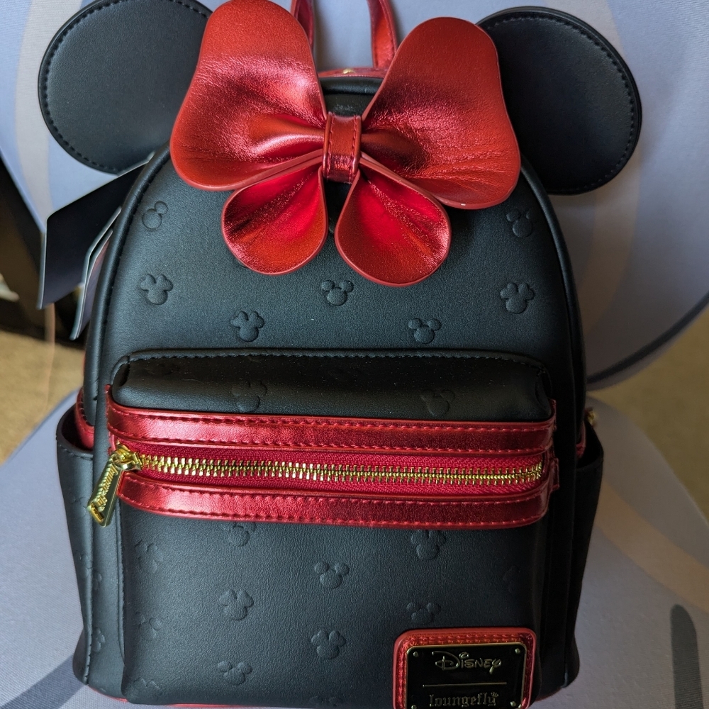 Loungefly Hard Tag Disney Minnie Mouse Metallic Red Bow Ears Mini Backpack